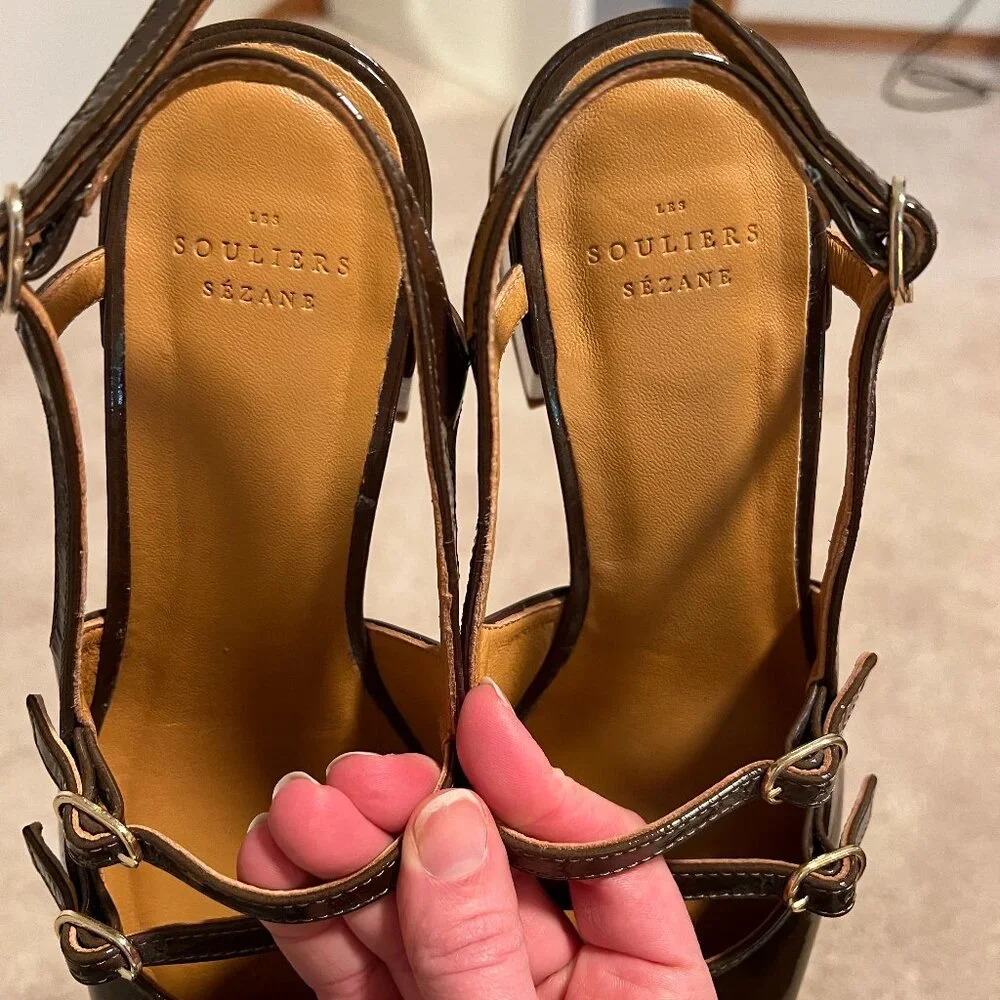 Sezane Olive Green Patent Leather Slingback Heels - Picture 5 of 11